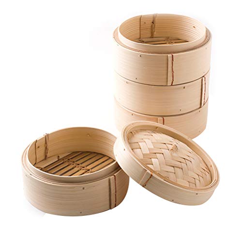 3 peças de panelas de bambu chinesas de 20 cm da UPKOCH, cesta de cozimento a vapor, cesta com tampa