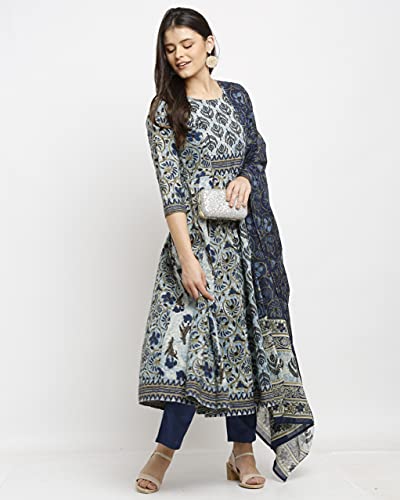 Image of Rajnandini Women's Blue Pure Cambric Cotton Floral Printed Kurta Set With Dupatta (S To 6XL- Size)(JOPLVL218-P)