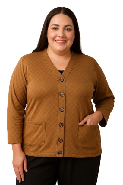 Image of Women's Woollen V-Neck Plus Size Winter Cardigan Sweater with Front Pockets