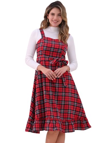 Allegra K Damen Kariertes Vintage Kleid Rüschen Ärmellos mit Taillenbund A-Linie Trägerkleid Rot S