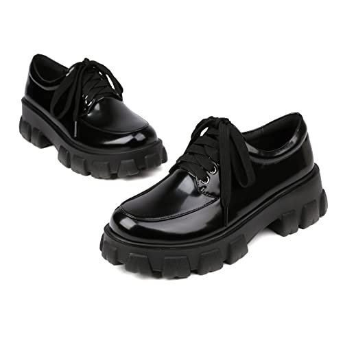 Waucuw Women's Oxford Shoes For Women Round Toe Lace Up Chunky Platform Oxfords (9.5, Black Pu) #TOP4