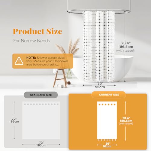 Image of BTTN Boho Shower Stall Curtain - 36x72 Narrow Linen Ultra Thick Tassel Fabric Cloth Shower Curtain Set with 6 Plastic Hooks, Half Modern Farmhouse Country Shower Curtains for Bathroom, White and Black