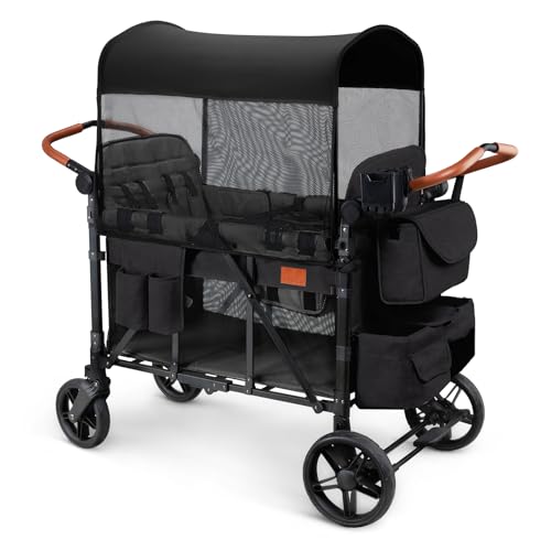 Image of ZTDM Wagon Stroller for 4 Kids, All-Terrain Wagon for Toddler with Canopy, Parent Organizer, Shoulder Bag, Adjustable Handlebar, Phone Holder, High Seat & 5 Point Harness, Ultimate Quad (Black)