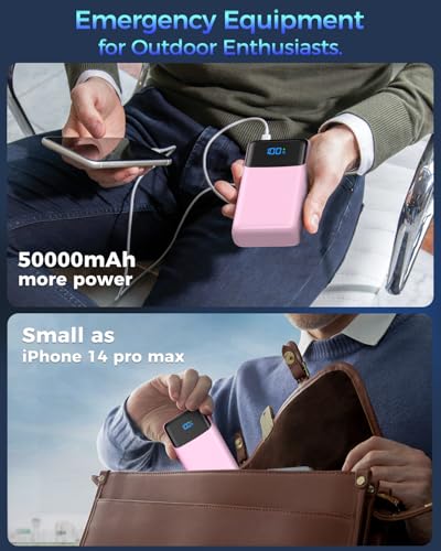 Image of Portable Charger 50000mAh Power Bank, High Capacity External Battery Pack for Camping, USB-C PD 30W Fast Charging Portable Phone Charger for iPhone 17 /16 /15 /14 /13 /12 /11 Samsung Android (Pink)