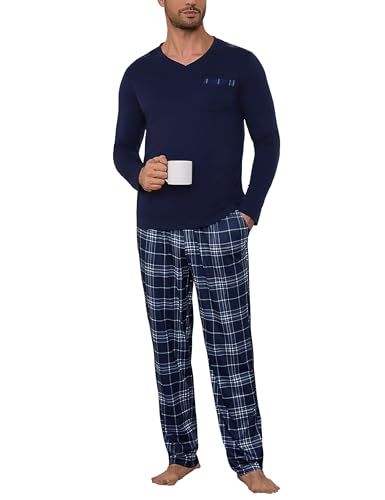 Litherday Pijama Hombre Invierno Algodon Manga Larga Conjunto de Pijama con Top Cuello V y Largo Pantalones a Cuadros
