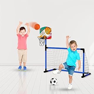 Kidoloop Kids 2 in 1 Basketball Hoop and Football Goal Set for Children, Hoop, Net, Ball, Pump Kids Basketball Hoop and Stand Girls Boys, Outdoor Indoor Activities Toy ALL in One