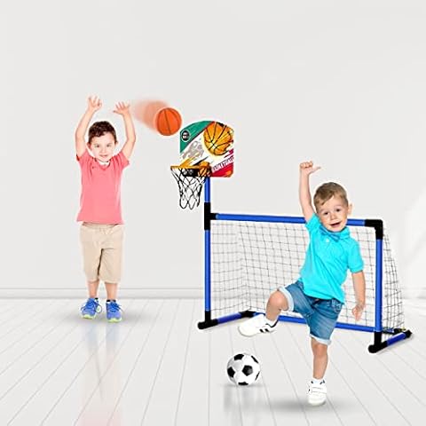 Kidoloop Kids 2 in 1 Basketball Hoop and Football Goal Set for Children, Hoop, Net, Ball, Pump Kids Basketball Hoop and Stand Girls Boys, Outdoor Indoor Activities Toy All in One Cover