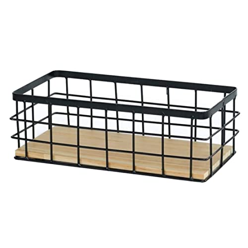 Wire Storage Baskets with Wood Base Rectangular Desktop Wall Hanging Metal Basket Color Minimalist Heavy Duty Baskets for Kitchen Bathroom Home Kitchen Tools