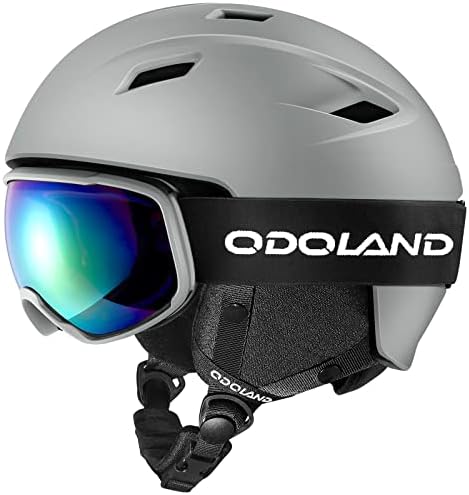 Odoland Snow Ski Helmet and Goggles Set, Sports Helmet and Protective Glasses-Shockproof/Windproof Protective Gear for Skiing, Snowboarding, Motorcycle Cycling, Light Grey, XS