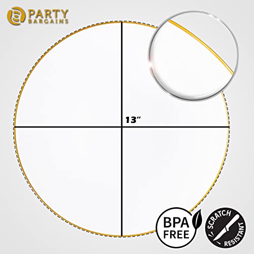 PARTY BARGAINS 13-Inch Charger Plates - 96 Pack, White Gold Rim, Heavy-Duty Disposable Chargers for Elegant Dining - Ideal for Weddings and Formal Events