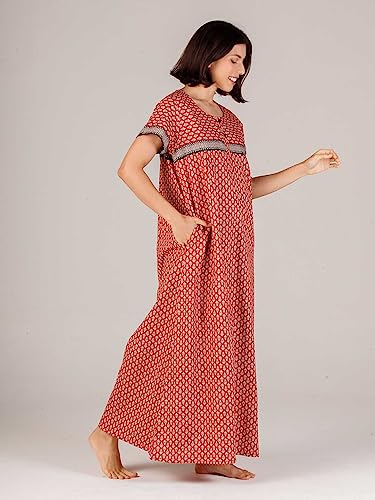 Image of Evolove Women's Cotton Long Maxi Night Gown Nighty Dress with Pocket & Stylish Button, Super Soft Comfortable (LNG-Button)