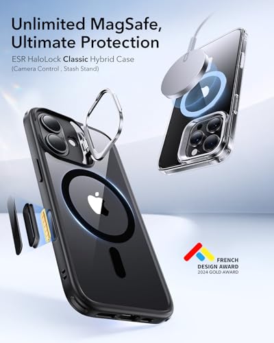 ESR for iPhone 16 Case, Compatible with, Military-Grade Protective Case, Built-in Stash Stand Phone Case, Scratch-Resistant Back Cover, Classic Series, Clear Black