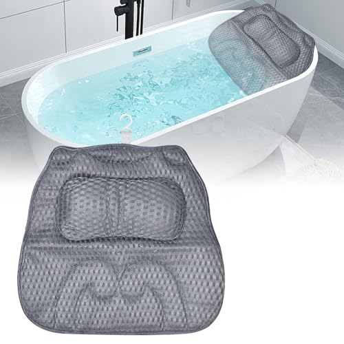 Cuscino da Bagno, Cuscino Vasca da Bagno con Ventose Antiscivolo, 4D Mesh Ergonomico Poggiatesta Vasca, Supportare Ia Collo la Testa,La Schiena, per Vasca Da Spa Domestica Bagno, Grigio