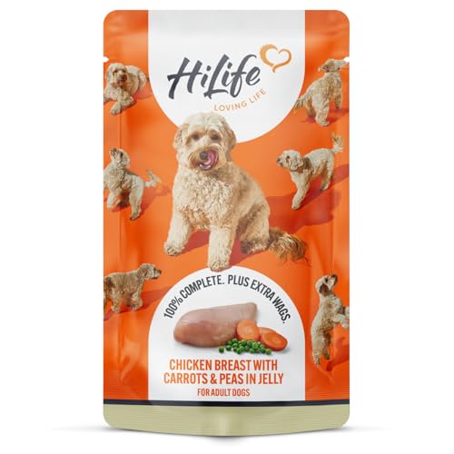 HiLife Adult Wet Dog Food Chicken Breast with Carrots and Peas in Jelly Complete Dog Food Pouches Grain Free & 100% Natural ingredients (14 x 150g Pouches)