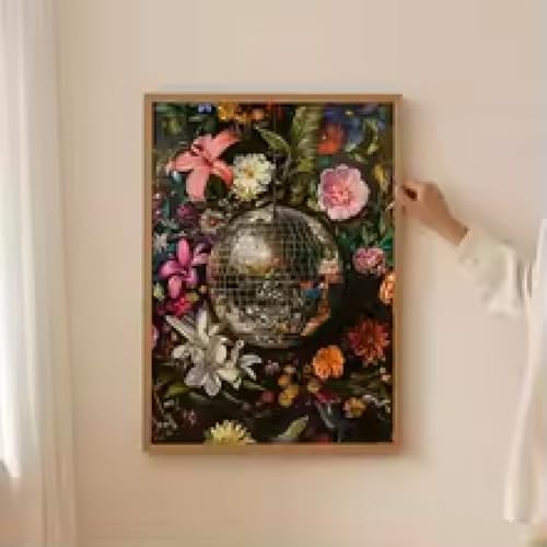 Affiche boule disco vintage et fleurs pour décoration de chambre rétro