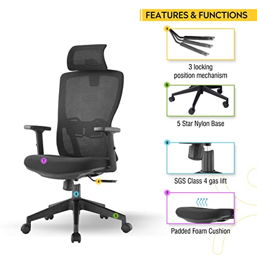 Image of Dr Luxur SYNERGY High Back Ergonomic Home and Office Chair Work at Home with Breathable Mesh, Smart Synchro Mechanism, 2D Adjustable Armrests, Adjustable Headrest, Fully Adjustable Lumbar Support, 3 Position Locking, and BIFMA Guidelines Compliant (Black)