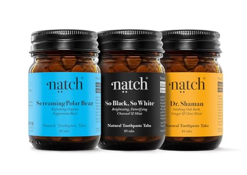 Natch Zahnpasta Tabletten 3er Set je 85 Tabs – 'Ménage à Trois' mit 3 gesunden Formeln, natürlich schäumend, fluoridfrei, vegan & plastikfrei