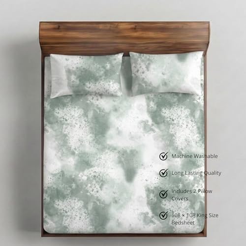 Image of VELOURA Tie-Dye Bedsheet Set, 100% Cotton, King Size 108x108 Inches, 300 Thread Count, with 2 Pillow Covers, Sage Green
