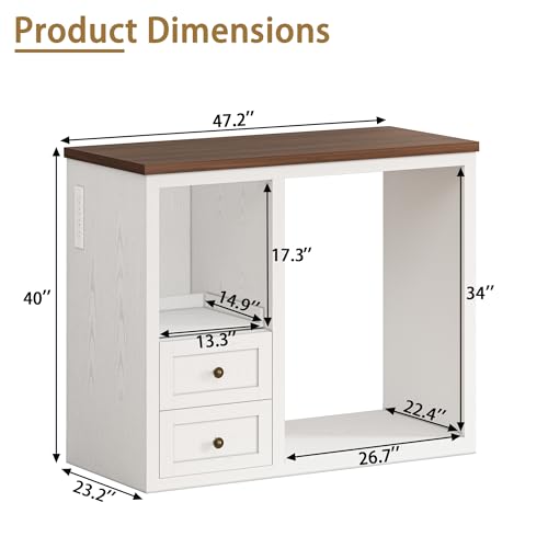 Image of 47.2 inch Coffee Bar Cabinet with Fridge Space, Farmhouse Mini Fridge Cabinet with Power Outlets and Storage Drawers, Wine Bar Cabinet with Sliding Shelf for Kitchen Dining Room, White
