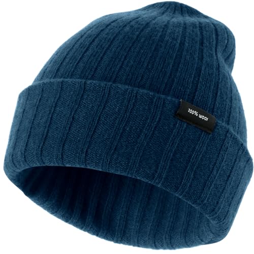 Ababalaya 100% Wool Beanie for Men Women Windproof Double Layer Super Cozy Knitted Cuffed Beanies Unisex Warm Winter Hat with Ear Protection & Face-Slimming Fit, MidnightBlue