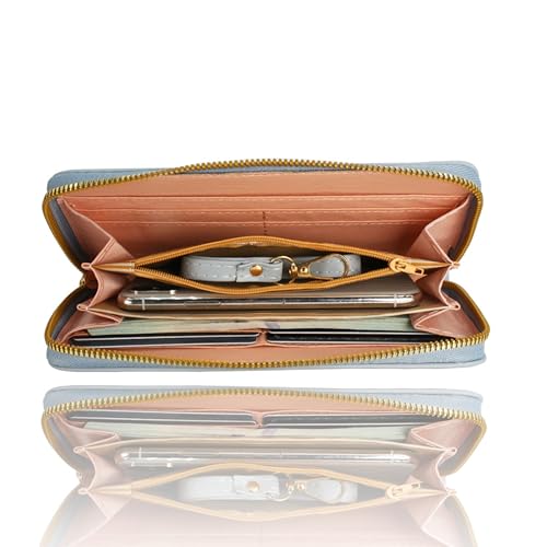 Women's Quilted Wallet, Women's Long Wallet with Crystal Bow, Detachable Wristband, Large Capacity Phone Bag, Light Blue, 7.67 x 3.93 inches4