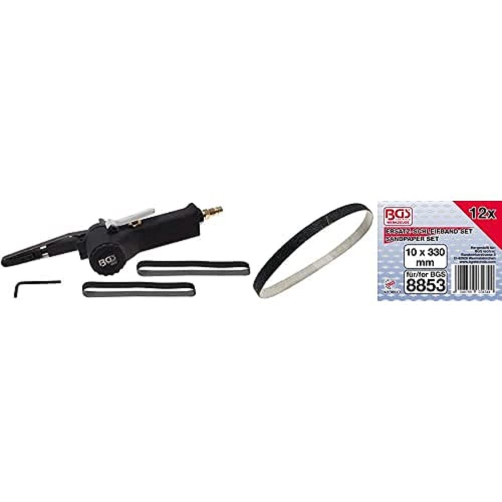 BGS 8853 | Druckluft-Bandschleifer | für Schleifbänder 330 x 10 mm | 20000 U/min | stufenlos verstellbar + BGS 8853-1 | Schleifband | 10 mm x 330 mm | 12 Stück für Art. 8853