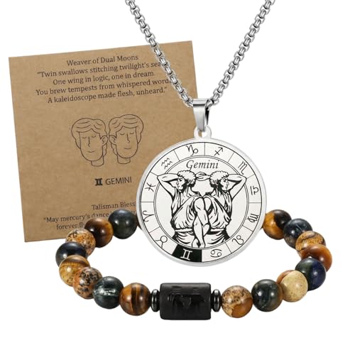 Zodiac Jewelry Set for Women and Men, 12 Constellation Necklace and Natural Stone Bracelet with Blessing Card, Stainless Steel Astrology Jewelry Gift for Birthday Anniversary(Gemini -Silver)
