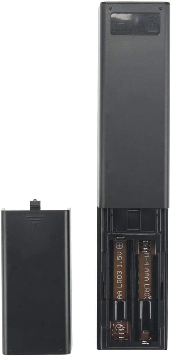 Image showing the back of the remote control with the battery compartment open and two AAA batteries being inserted.