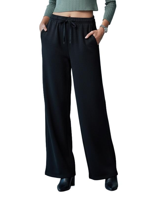 Image of GO COLORS Polycotton Fleece Wide Pants for Women | Relaxed Fit, High Rise