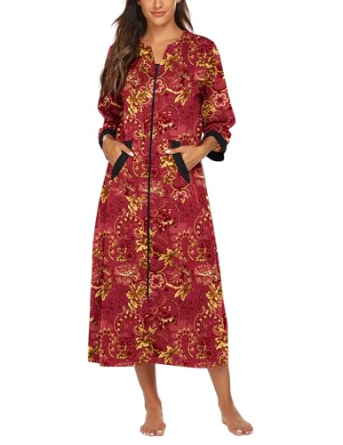 Image of Ekouaer Women Zipper Robe 3 /4 Sleeves Loungewear Dress Full Length Sleepwear Pockets Housecoat Nightgown Long Bathrobe