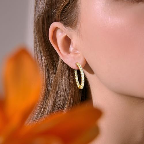 Sterling Silver Gold Large Hoop Earrings for Women - Hypoallergenic Cubic Zirconia Big Loop Earrings for Lady for Sensitive Ears Fashion Huggie Earrings,30MM3