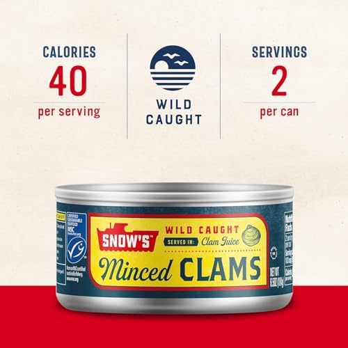 Image of Snow's Wild Caught Minced Clams Canned, 6.5 oz Can (Pack of 12) - 5g Protein Per Serving - Gluten Free, Keto Friendly, 99% Fat Free