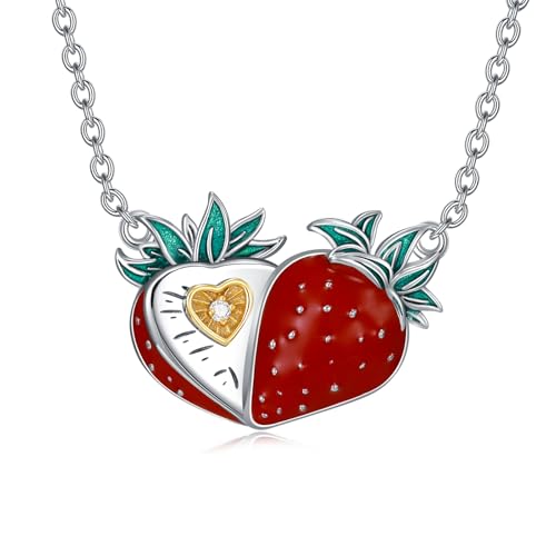 Diamond Strawberry Necklace for Women S925 Sterling Silver Strawberry Pendant Necklace Genuine Diamond Strawberry Jewelry Gifts for Wife Her Mom