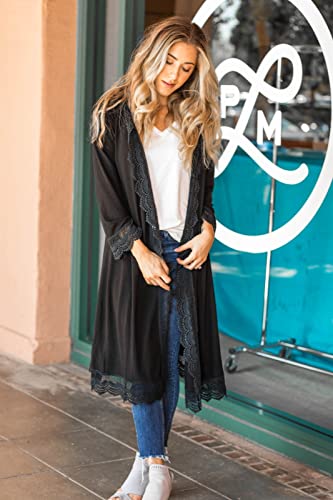 Tickled Teal Women's 3/4 Sleeve Lace Trim Casual Wrap Cardigan