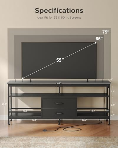Lazzanto 63 Inch TV Stand, Entertainment Center for 55 to 75 Inch TVs with LED Lights & Removable Charging Station, Modern Media Console Table with Open Storage Shelves & Fabric Drawers, Black