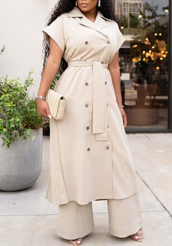 Ecirod Womens Business Casual 2 Piece Outfits Short Sleeve Pleated Long Trench Coat High Waisted Wide Leg Pants Sets3