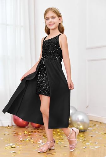 Haloumoning Girls Sequin Dress Kids Formal Sparkly One Shoulder Prom Party Dresses 4-14 Years4