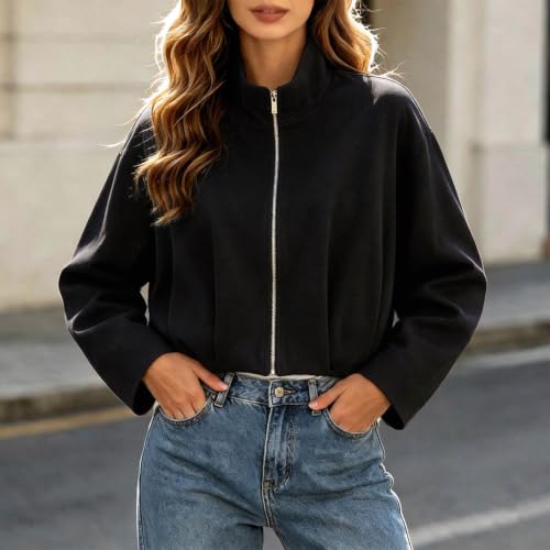 Rtdyvyuhb Fall Jackets For Women Trendy Dressy Cropped Mockneck Full Zip Layer Travel Weekend Casual Going Out Outerwear Black Medium - image 2