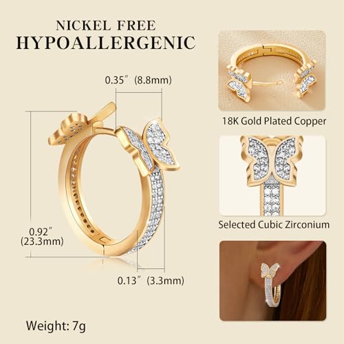 18k Gold Women's Small Gold Butterfly Hoop Earrings, Shining White Cubic Zirconia Geometry Beads Butterfly, Simple Lightweight Hoops Gift for Women4