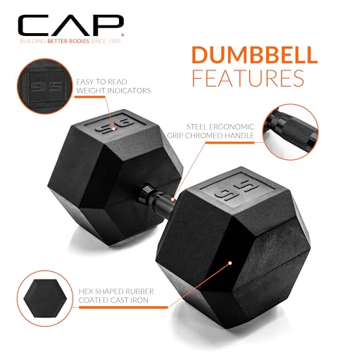 Image of CAP Rubber Coated Dumbbell Weights, Free Weights for Home Gym Strength Training, Anti-Roll Hex Dumbbells with Black, Chrome & Comfort Grip Handles, Singles