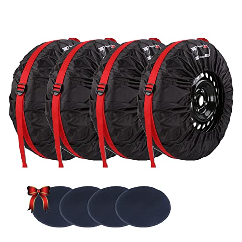 Image of Spare Tire Cover Set of 4 Waterproof with Handle Wheel Storage Bag for SUV Truck Camper Trailer RV Wheel Protector Cover with 4pcs Wheel Felt
