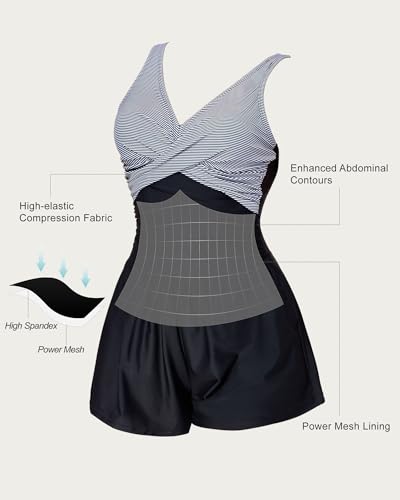Smismivo Swim Romper for Women Tummy One Piece Bathing Suit Slimming Modest Full Coverage with Shorts Pocket V Neck Swim Suit2