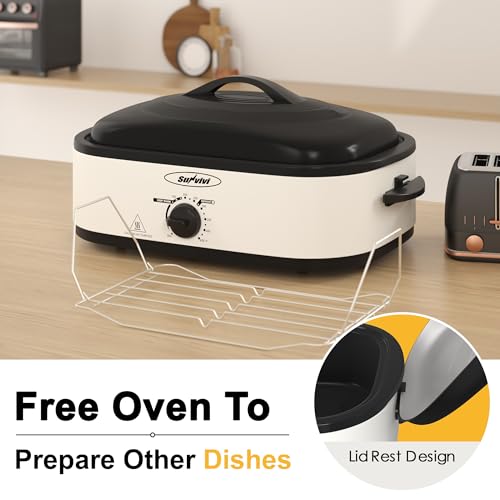 Image of Sunvivi Electric Roaster Oven with Self-Basting Lid, 14-Quart Turkey Roaster Oven with Removable Pan and Rack, Stainless Steel, White