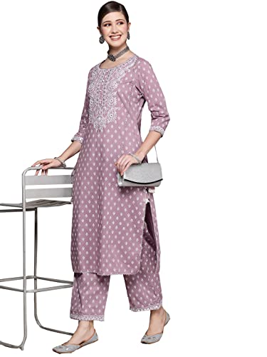 Image of ishin Women's Purple Embellished A-Line Kurta Set With Palazzo