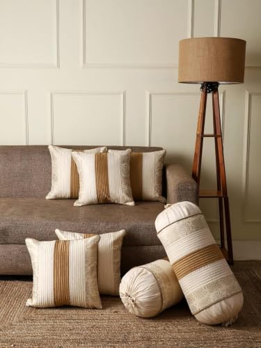 Image of Gifts Island Combo Silk Traditional Striped & Rajasthani Warli Golden Hand Printed Pillow Cushion Covers 16x16 inches Set of 5 & Round Pillow Bolster Covers Set of 2 16x32 inches (Beige)