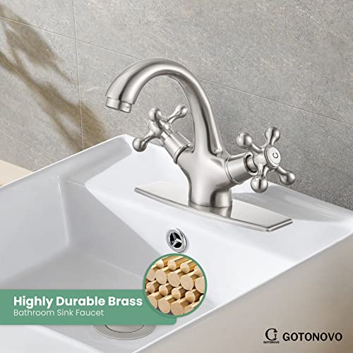 Gotonovo Brushed Nickel Bathroom Sink Faucet Pop Up Drain With Overflow Double Cross Handle Single Hole Deck Mount Cold Hot Mixer Vintage Vanity Tap With Cover Deck Plate thumb #2