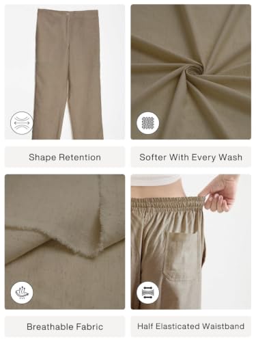 Image of SAADAA Women's Airy Linen Straight Pants | Regular Fit Trousers | Half Elasticated with Drawstrings & Buttons | 4 Pockets | Everyday & Office Wear