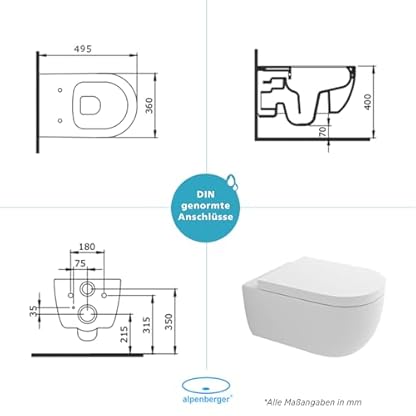Alpenberger Hänge WC Spülrandlos | Toilette mit Nano | Tiefspüler Wand WC | Duroplast Toilettendeckel mit Absenkautomatik - UNI Sitz | Keramik Kloschüssel für Bad & Gäste WC | Passend Geberit – Bild 7