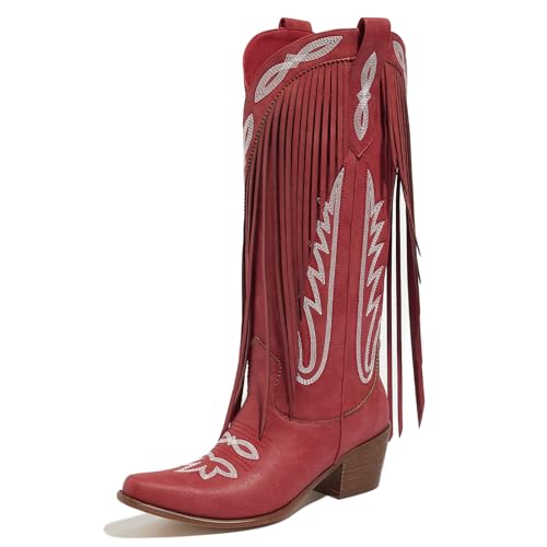 Cowboy Boots for Women-Fringe Knee High Cowgirl Boots,Western Embroide Retro