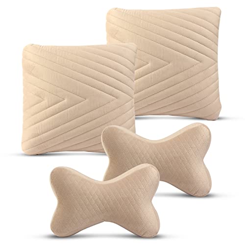 Image of Auto Hub Memory Foam Backrest Support Cushion and Headrest Neck Rest for Car, Office (Pack of 4, Beige)